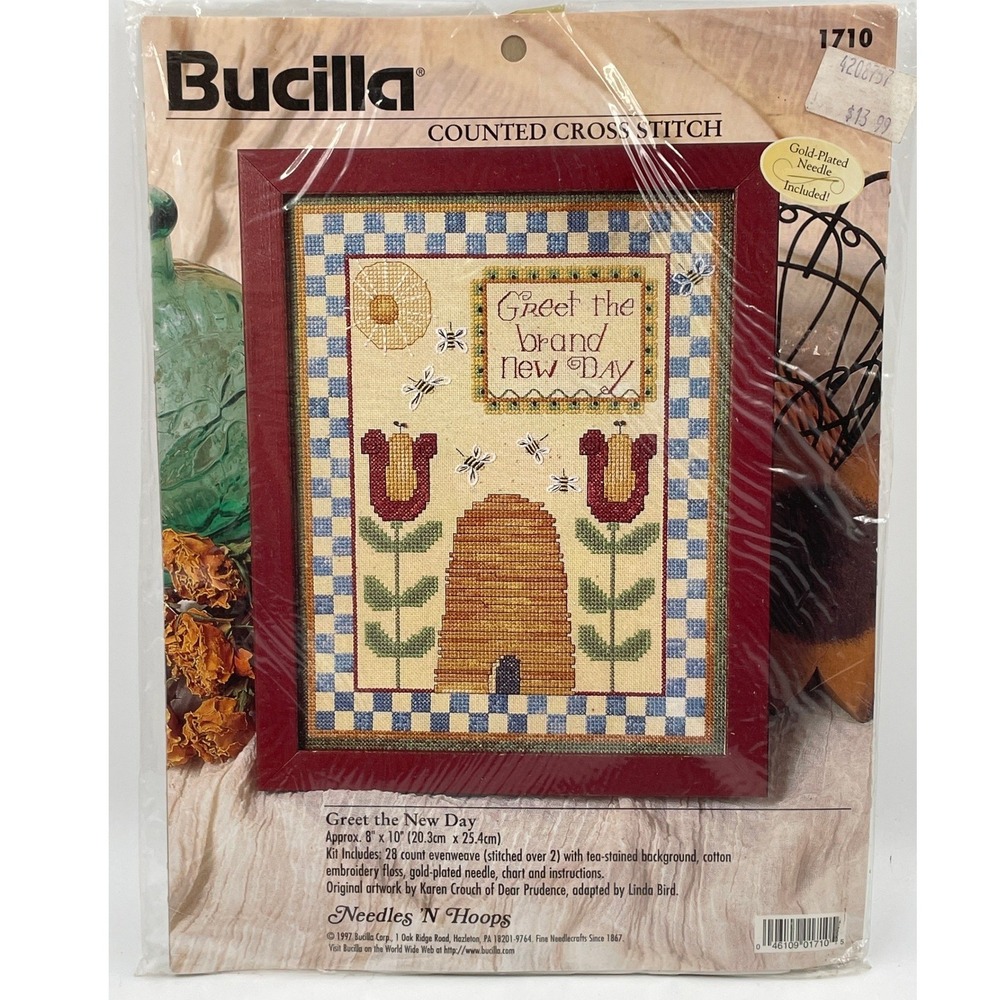 Vtg Bucilla 1710 Greet the New Day Counted‎ Cross Stitch Kit Beehive Tulips 8x10